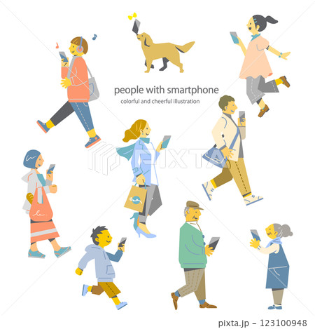 スマホ使って楽しく暮らす人々　カラフルでお洒落なフラットイラスト 123100948