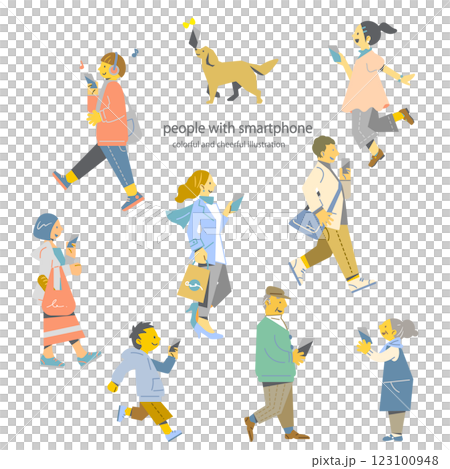 スマホ使って楽しく暮らす人々　カラフルでお洒落なフラットイラスト 123100948
