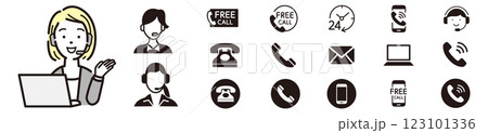 コールセンターの女性とフリーダイヤル アイコン コールセンターの女性とフリーダイヤル アイコン 123101336