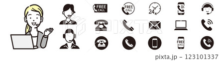 コールセンターの女性とフリーダイヤル アイコン コールセンターの女性とフリーダイヤル アイコン 123101337