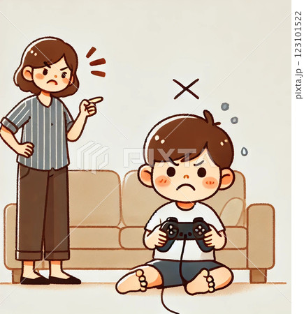 ゲームばかりしていて怒られる子供のイラスト 123101522