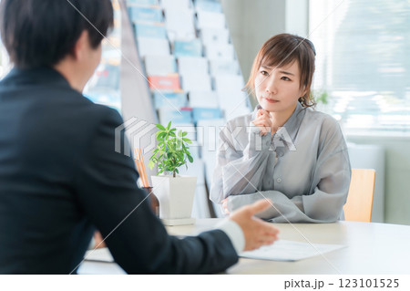 保険の相談に来た女性と接客対応する男性ビジネスマン 123101525