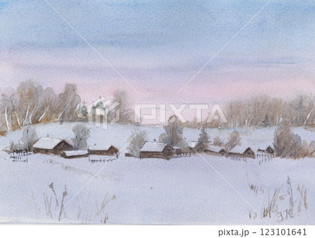 Winter landscape, church near the village 123101641