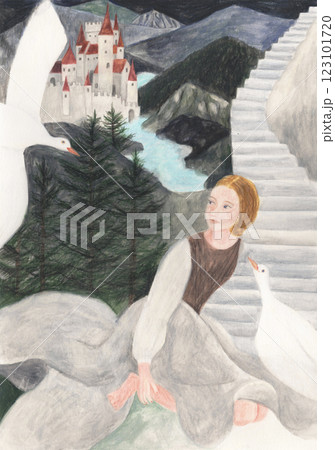 シンデレラの物語をイメージして水彩色鉛筆で描いた風景と女性のイラストレーション 123101720