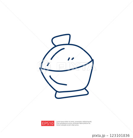 A simple, hand-drawn illustration of a bowl with a lid, featuring a smiling face, suggesting a playful or whimsical design. 123101836