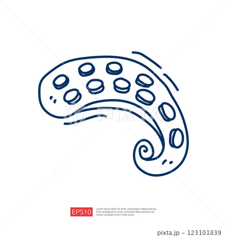 A simple line drawing of an octopus tentacle, showcasing its suckers and curved shape, emphasizing a minimalist artistic style. A simple line drawing of an octopus tentacle, showcasing its suckers and curved shape, emphasizing a minimalist artistic style. 123101839
