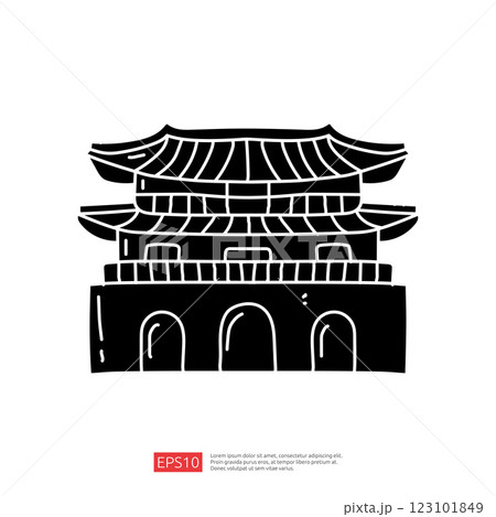 A stylized black and white illustration of a traditional Asian architectural structure, resembling a pagoda, showcasing intricate roof designs and arched doorways. 123101849