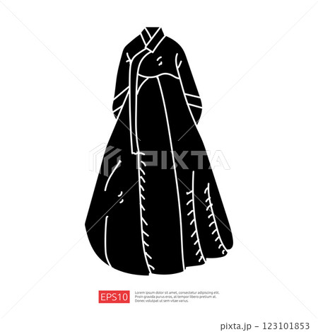 A minimalist illustration of a traditional Korean hanbok, showcasing its elegant silhouette and flowing design. 123101853