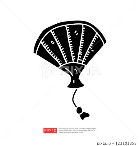 A stylized illustration of a fan, featuring a curved shape with lines representing the blades and a dangling string, suggesting movement or cooling. 123101855