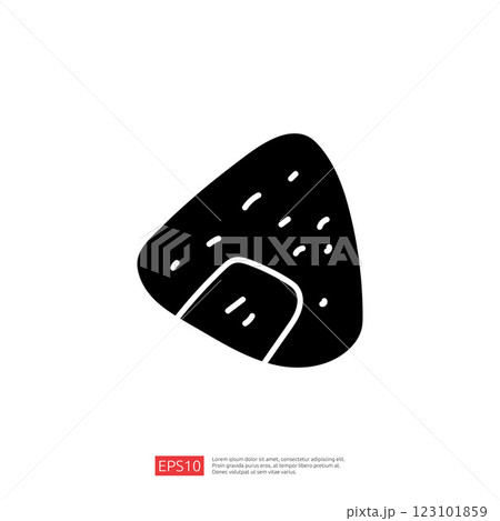 A simple black and white illustration of a triangular rice ball with a small opening, representing a popular Japanese snack. 123101859