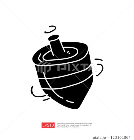 A simple black silhouette of a spinning top, illustrating motion and playfulness, often associated with childhood games and entertainment. 123101864
