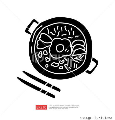 A top-down illustration of a bowl filled with noodles, vegetables, and meat, accompanied by chopsticks, emphasizing a culinary theme. 123101868