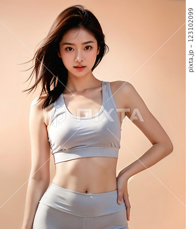 スポーツウェア(ヨガウェア)を着たスタイルの良い美しい若い女性 運動,ヨガのイメージ　AI生成 123102099