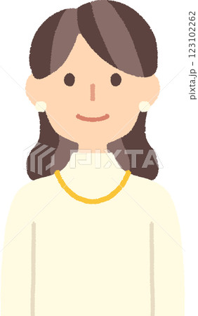 ハイネックにアクセサリーを付けたロングヘア女性のバストアップ手書き風イラスト 123102262