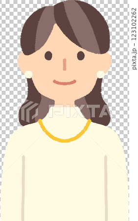 ハイネックにアクセサリーを付けたロングヘア女性のバストアップ手書き風イラスト 123102262