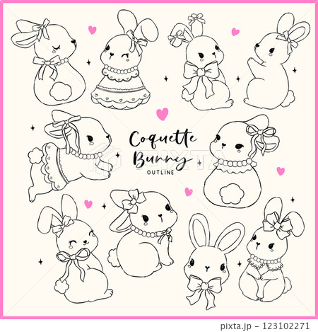 Coquette Bunny with Bow Whimsical Hand Drawn Doodle Outline Set 123102271