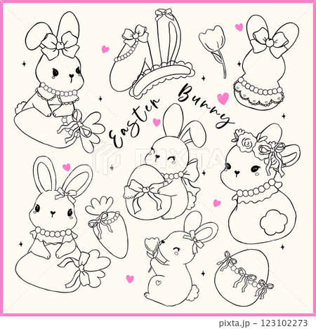 Coquette Easter Bunny with Bow and Egg, Whimsical Cartoon Hand Drawn Doodle Outline Set 123102273