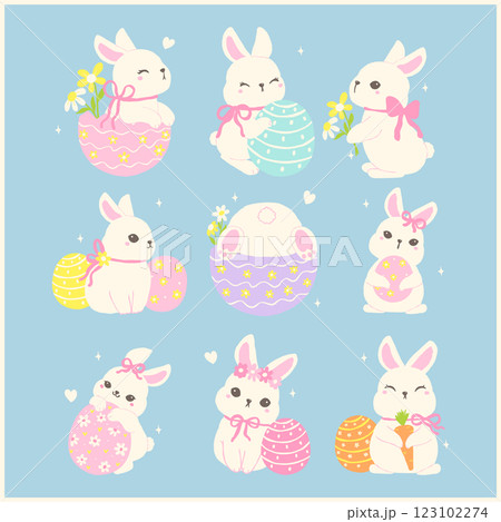 Coquette Easter Bunny with Egg Whimsical Rabbit Cartoon Flat design Set 123102274