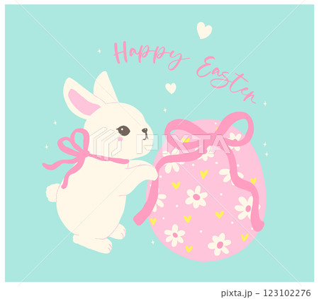 Coquette Happy Easter Bunny deccorating Egg Whimsical Rabbit Cartoon Flat design 123102276