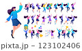 Set of a fun teen girl. Presentation in various in various poses and actions. 2D Flat character vector illustration N5 123102406