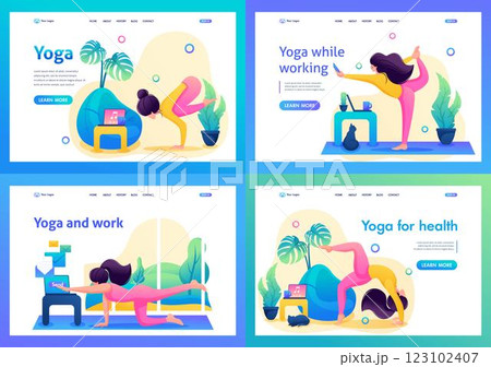 Set of landing pages on the topic of yoga classes at home. Flat 2D landing page 123102407