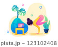 Girl enjoys yoga classes with music. In a pleasant, inviting atmosphere. Flat 2D Web design 123102408