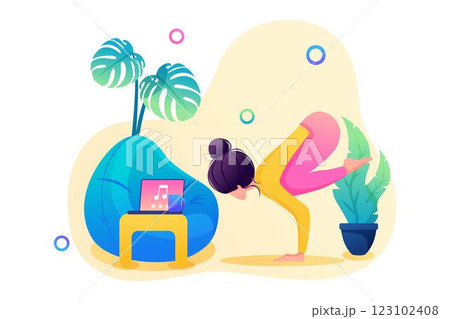 Girl enjoys yoga classes with music. In a pleasant, inviting atmosphere. Flat 2D Web design 123102408
