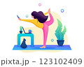 Girl combines yoga classes with work and correspondence on the phone. Flat 2D Web design 123102409