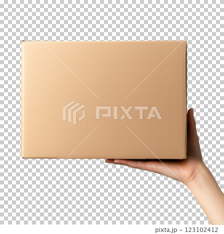 Mockup of hand holding a plain brown box isolated on a transparent background. 123102412