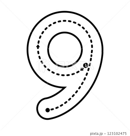 Tracing number 9 prewriting dotted line math worksheet element for kindergarten and preschool kids for handwriting practice activity 123102475