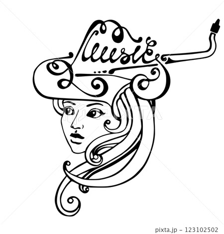Beautiful woman face with musical instruments in jazz style, hand drawn vector illustration Beautiful woman face with musical instruments in jazz style, hand drawn vector illustration 123102502