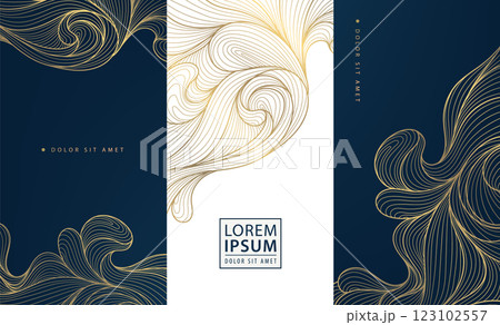 Vector abstract golden wave art deco design, line floral background. Geometric wine, cosmetic product, tea package. Elegant shape. 123102557