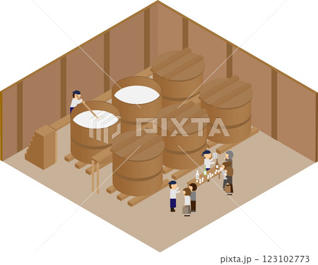アイソメトリックな酒蔵の酒造りの工場見学をしている人たちのイラスト アイソメトリックな酒蔵の酒造りの工場見学をしている人たちのイラスト 123102773