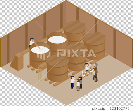 アイソメトリックな酒蔵の酒造りの工場見学をしている人たちのイラスト アイソメトリックな酒蔵の酒造りの工場見学をしている人たちのイラスト 123102773
