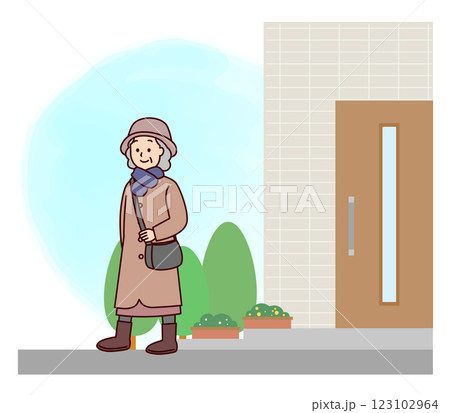 暖かい格好で出かける高齢女性 暖かい格好で出かける高齢女性 123102964