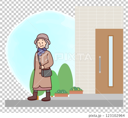 暖かい格好で出かける高齢女性 暖かい格好で出かける高齢女性 123102964