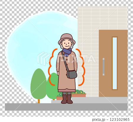 暖かい格好で出かける高齢女性 123102965