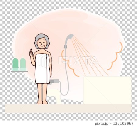 Elderly woman in a bathroom with a hot shower 123102967