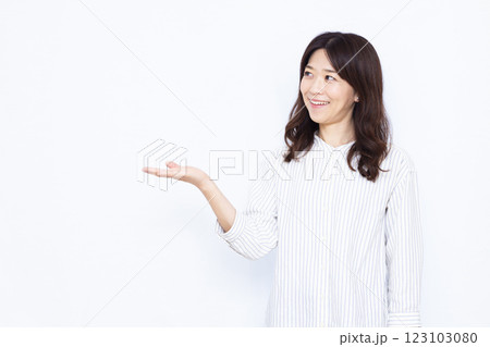 笑顔で紹介をしている女性 笑顔で紹介をしている女性 123103080