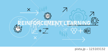 Reinforcement learning smart technology machine training adapting algorithm data system AI artificial intelligence learn processing development icon design illustration 123103132