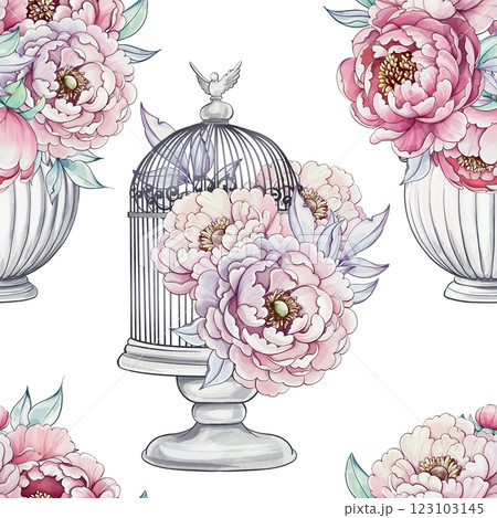 Delicate peonies arranged in stylish vases surround a whimsical birdcage, showcasing a harmonious blend of natures beauty in soft hues seamless pattern, background Delicate peonies arranged in stylish vases surround a whimsical birdcage, showcasing a harmonious blend of natures beauty in soft hues seamless pattern, background 123103145