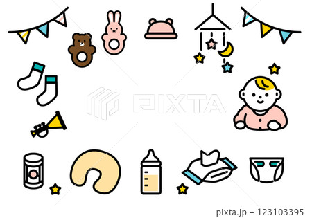 かわいいベビーグッズのイラストセット。白背景にコピースペース 123103395