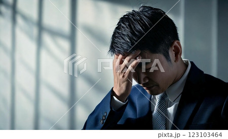 額に手を当てて悩むスーツを着たサラリーマン 123103464