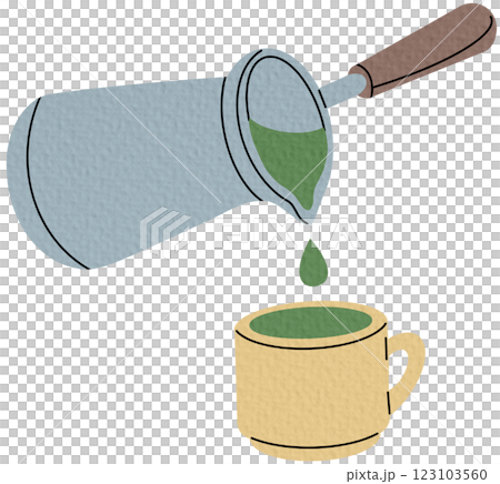 Green tea brewing pot. Hand drawn elements for cafe menu, coffee shop. Vector illustration. 123103560