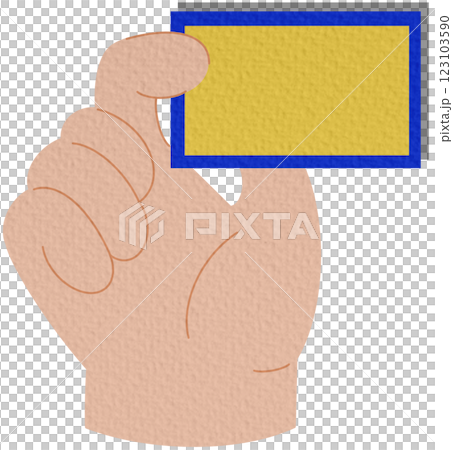 Hand holding a detailed business card with essential contact information. Modern professional exchange. Flat vector illustration. 123103590