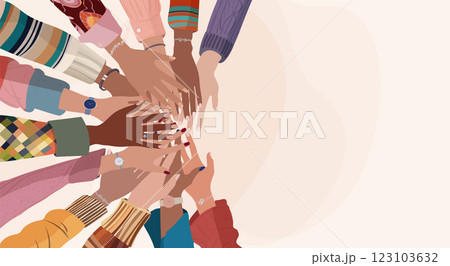 Hands stacked in a circle of group multicultural women. Diversity - inclusion - equality - girl power or empowerment concept. International women s day. Banner copy space Hands stacked in a circle of group multicultural women. Diversity - inclusion - equality - girl power or empowerment concept. International women s day. Banner copy space 123103632