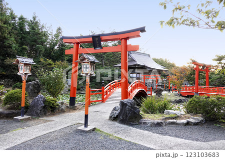 神社の境内 池に架かる太鼓橋と大鳥居、拝殿の社 神社の境内 池に架かる太鼓橋と大鳥居、拝殿の社 123103683