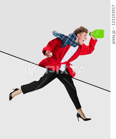 Collage. Cropped body parts. Sick young boy with femal legs on hills running isolated over white background Collage. Cropped body parts. Sick young boy with femal legs on hills running isolated over white background 123103917