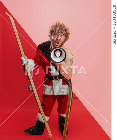 Collage. Cropped body parts of man in character of neanderthal and Santa Claus isolated over red and pink background 123103919