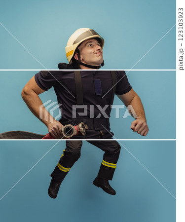 Collage of cropped body parts of firefighter in a jump isolated over blue background 123103923